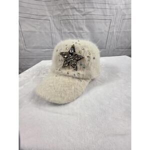 Beautiful Soft Fuzzy Angora Women's White Rhinestone Embellished Hat